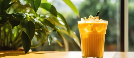Fotobehang An icecold glass of freshly squeezed orange juice sits on the table, garnished with ice cubes and a straw. The refreshing liquid is the perfect drink for a hot day © AkuAku