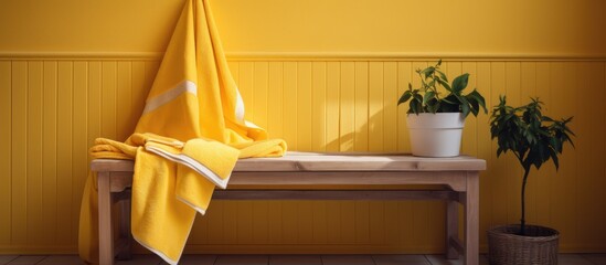 A vibrant yellow towel drapes over a wooden bench alongside a potted plant, creating a cozy and inviting corner with a touch of nature