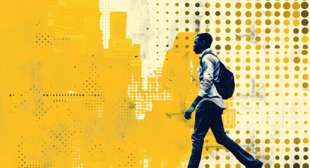 Black man walking on the street, yellow background with an urban cityscape and black dots collage