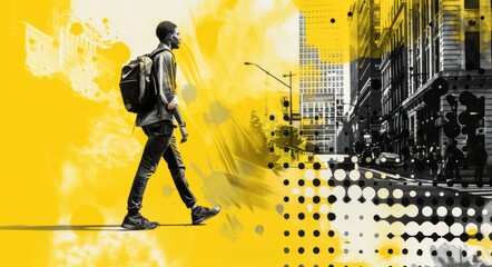 Black man walking on the street, yellow background with an urban cityscape and black dots collage