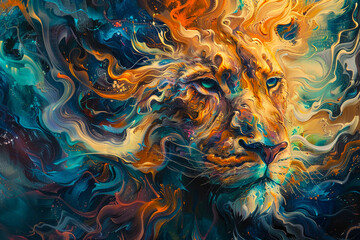 Majestic beast in fluid movement abstract expressionism with deep saturation and luminous detail fantasy realism - obrazy, fototapety, plakaty