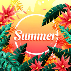 Fototapeta na wymiar Tropical leaves vector background. Summer horizontal banner, abstract illustration with jungle exotic leaf, bright color drops in simple flat minimal line modern style. Copy space at the center.