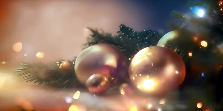 space. Copy background. sparkle golden on branch fir and baubles Christmas