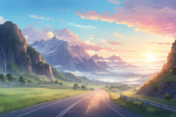 Highway in the countryside with mountains and waterfalls on the side at sunrise on a foggy morning. With a low viewing angle. In anime style - obrazy, fototapety, plakaty