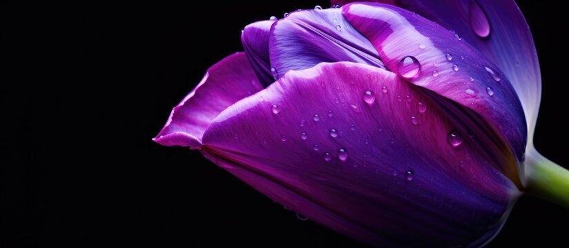 A closeup shot of a purple flower with water droplets on its petals. The vibrant violet and magenta hues contrast beautifully with the electric blue liquid on the terrestrial plant