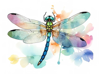 Watercolor dragonfly on watercolor background. Hand drawn illustration.