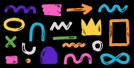 Abstract element shape set. Color graphic modern abstract sticker element. Doodle geometric collage star, crown, heart shape set. Hand drawn texture grunge brush modern effect. Vector illustration