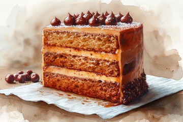 Caramel Crunch Indulgence cake watercolor painting