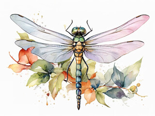 Watercolor dragonfly with flowers and leaves isolated on white background. Hand drawn illustration