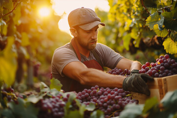 Gardeners are harvesting grapes in a sunny vineyard.