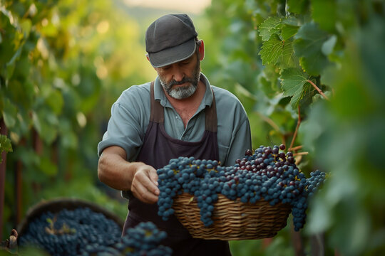 Gardeners are harvesting grapes in a sunny vineyard.