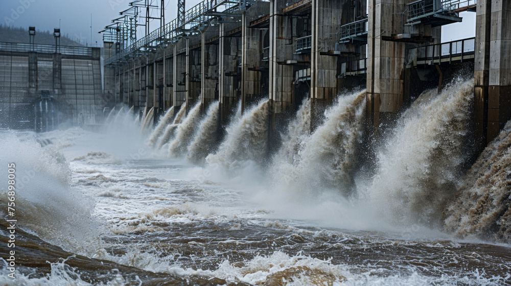 Aufkleber an upclose view of a hydroelectric dam showcasing the advanced techniques used in construction to wi