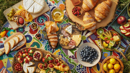 A picnic fit for an artist with a spread of croissants pastries and gourmet cheeses p beside a vibrant mosaic masterpiece.