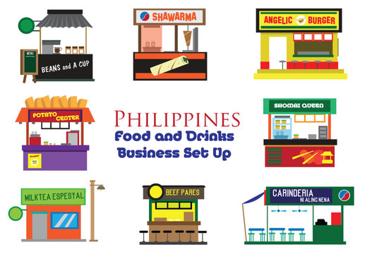 Filipino Food Carts and Pop Up Small Shops. Editable Clip Art.