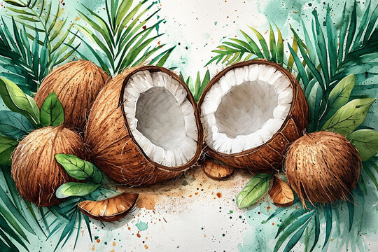 Coconut fruit watercolor painting
