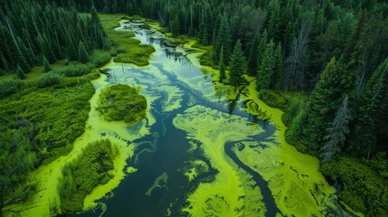Chemicalladen runoff spills into nearby streams leaving a fluorescent green sheen on the waters surface. - obrazy, fototapety, plakaty