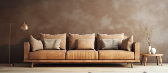 A cozy living room with a brown couch against a brown wall, featuring hardwood flooring and artwork in tints and shades of brown