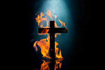 Wooden cross covered with fiery flames isolated on black background with copy space.