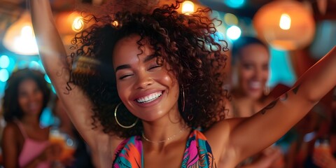 Ecstatic Black woman with curly hair having a blast at beach disco bar. Concept Beach Photoshoot,  Black Women Portraits, Curly Hair, Disco Bar, Ecstatic Expressions - obrazy, fototapety, plakaty