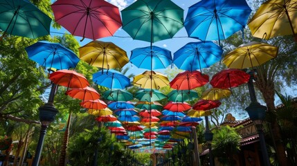 Fototapeta na wymiar A canopy of colorful umbrellas hanging overhead creating a whimsical and sheltered pathway for pedestrians.