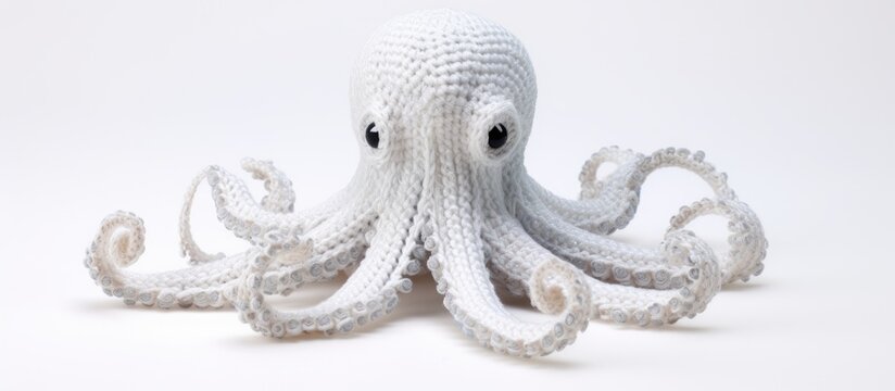 A giant Pacific octopus, a marine invertebrate, is perched on a white surface. Its jaw, characteristic of cephalopods, is visible. This white octopus is like an art piece, a fashionable accessory