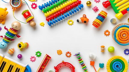 Baby Kids Colorful Educational and Musical Toys on White Background, Joyful Playtime Concept with Various Toys, Generative AI

