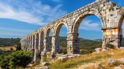 The grand scale of the aqueducts construction with massive blocks of stone meticulously p together to form a strong and sy structure. - obrazy, fototapety, plakaty