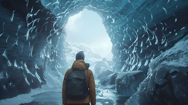 Backpacker Explores the Inside of a Glacial Ice Cave Entrance, Adventurous Exploration in Frozen Terrain, Traveler Discovering Natural Wonders, Generative AI

