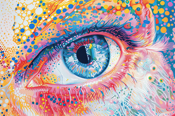 A colorful painting of a person's eye with a blue iris. The eye is surrounded by a rainbow of colors, giving it a vibrant and lively appearance. The painting seems to be a work of abstract art