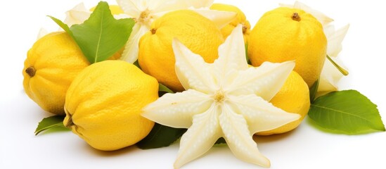 An assortment of yellow fruits with green leaves and a white flower placed on a white background. These ingredients can be used in various dishes to enhance the flavor and presentation of a cuisine