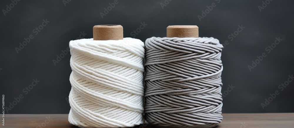 Poster two spools of wool yarn are neatly arranged on a rectangular wooden table, ready to be used for a cr