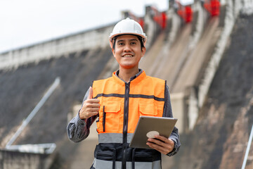 Professional asian maintenance engineer man with safety helmet in construction site dam with...