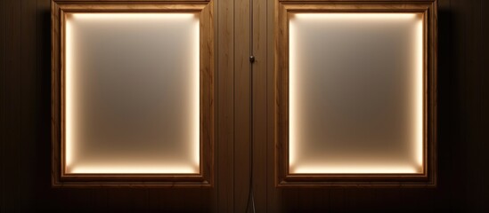 Fototapeta premium Two brown rectangle frames with lights on them are hanging on a hardwood wall fixture. The material property adds tints and shades to the art in the room