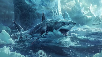 A shark navigating through an ice age ocean guided by photolithography maps to uncover hidden vampire discotheques beneath the ice - obrazy, fototapety, plakaty
