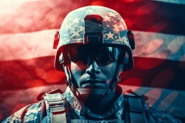 Close-up of a soldier in combat gear with a camouflaged helmet against an American flag backdrop, symbolizing patriotism and military service.