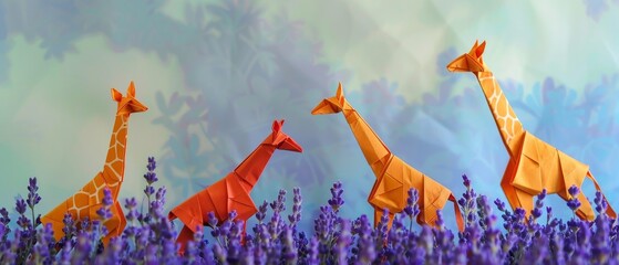 Gentle origami giraffes grazing in a field of paper crafted lavender flowers - obrazy, fototapety, plakaty