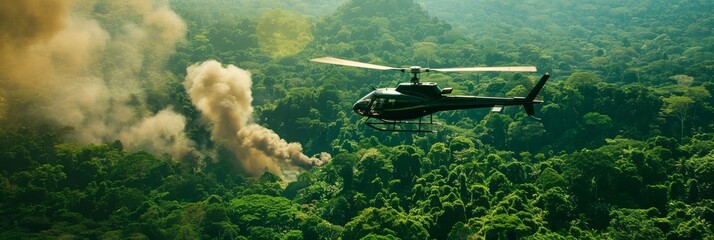 Helicopter flying over a rainforest capturing the expanse of greenery with a distant volcano smoking - obrazy, fototapety, plakaty