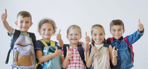 A group of happy children with backpacks standing in the classroom and showing thumbs up, ready to start the new school year