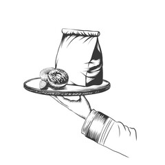 waiter's Hand holding a fast food paper craft bag with sweet donuts, food delivery service flat icons. Vector illustration. Isolated icon suitable for web, infographics, interface and apps.