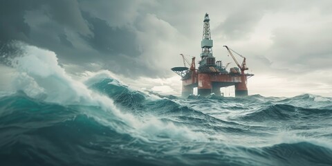 Sea oil rig standing tall amidst rolling waves under a vast sky a testament to offshore drilling technology
