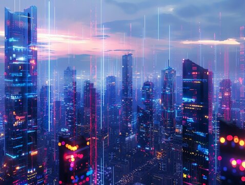 Futuristic holographic cityscape at dusk with neon lights and floating holograms blending into the skyline