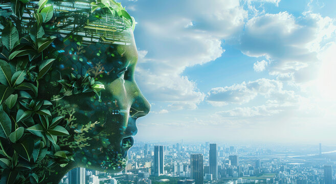Eco-friendly cityscape with green energy. A human head made of futuristic technology and plants on top of a mountain. An AI robot's face is visible in profile