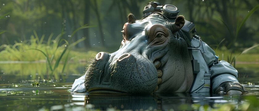 In the rivers embrace a robot hippo clad in a lab coat works diligently a scientists ally in safeguarding water purity