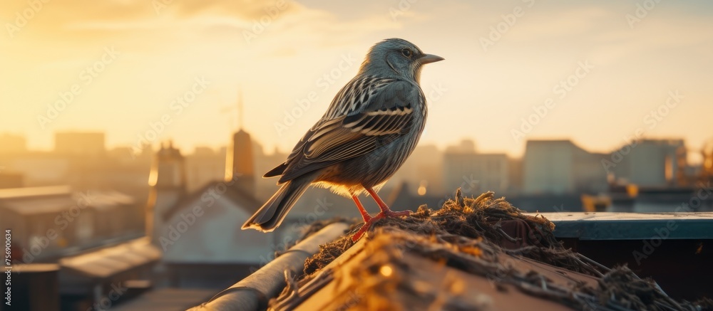 Poster a songbird with colorful feathers and a sharp beak is perched on a wooden railing, overlooking the c