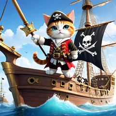 Meet Captain Whiskers, a one-eyed pirate cat who rules the high seas with a fierce meow and a paw of determination. Standing proudly on the bow of her ship, she holds the pirate flag high, showing all