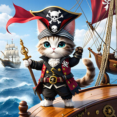Meet Captain Whiskers, a one-eyed pirate cat who rules the high seas with a fierce meow and a paw of determination. Standing proudly on the bow of her ship, she holds the pirate flag high, showing all