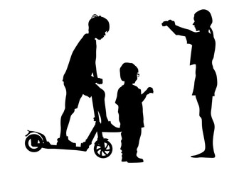 LIttle children with scooter on white background   - 756900875