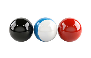 Three Glossy Billiard Balls in Black, Blue, and Red Isolated on Transparent Background