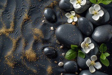 White flowers and stones on a dark background. Cosmetic banner for spa, printed products, cosmetics stores. Skincare and spa procedure concept