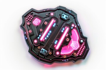 cyber gamer badge emblazoned with digital circuitry and neon lights, symbolizing skill and expertise in the realm of competitive gaming, on isolated white background, Generative AI